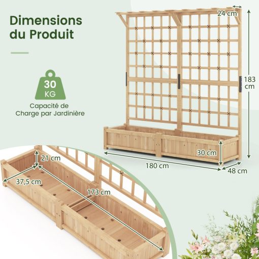 Jardinière avec 2 Treillis 2 Bacs Toit Suspendu en Bois Lit de Jardin Surélevé avec 4 Trous de Drainage 180 x 48 x 183 cm Orange - Image 10