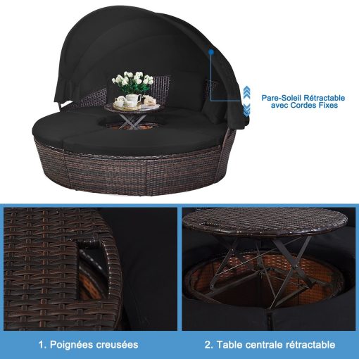 Lit de Jardin Rond d'Exterieur Table Relevable Modulable & Convertible - Pare Soleil Réglable rotin PE Coussins Inclus  Noir - Image 10