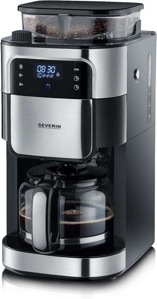 SEVERIN Coffee maker with integrated grinder 1000 W, Programmable coffee machine with timer, Drip coffee maker with 8 cup insulated jug, Black/Stainless steel, KA 4814