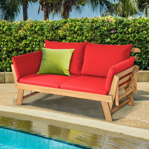 Chaise Longue Convertible avec Coussin Canapé de Jardin 2 en 1 en Bois d’Acacia avec Accoudoir Réglable pour Patio Piscine Jardin Blanc/Gris/Bleu/Rouge - Image 35