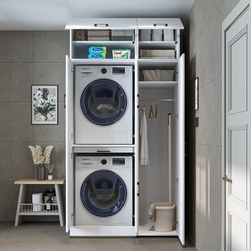 ROOMART Dora - Armoire de machine à laver - Pour sèche-linge et machine à laver - En 4 couleurs - Avec portes et panneau coulissant - Blanc - Chêne blanc - Chêne anthracite - Chêne blanc (chêne blanc) - Image 33