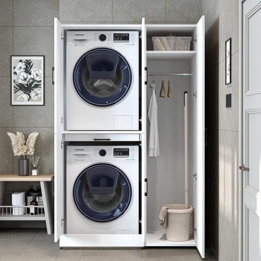 ROOMART Dora - Armoire de machine à laver - Pour sèche-linge et machine à laver - En 4 couleurs - Avec portes et panneau coulissant - Blanc - Chêne blanc - Chêne anthracite - Chêne blanc (chêne blanc) - Image 24