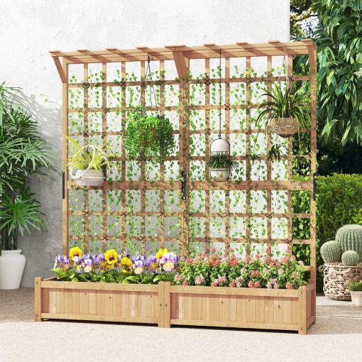 Jardinière avec 2 Treillis 2 Bacs Toit Suspendu en Bois Lit de Jardin Surélevé avec 4 Trous de Drainage 180 x 48 x 183 cm Orange - Image 3