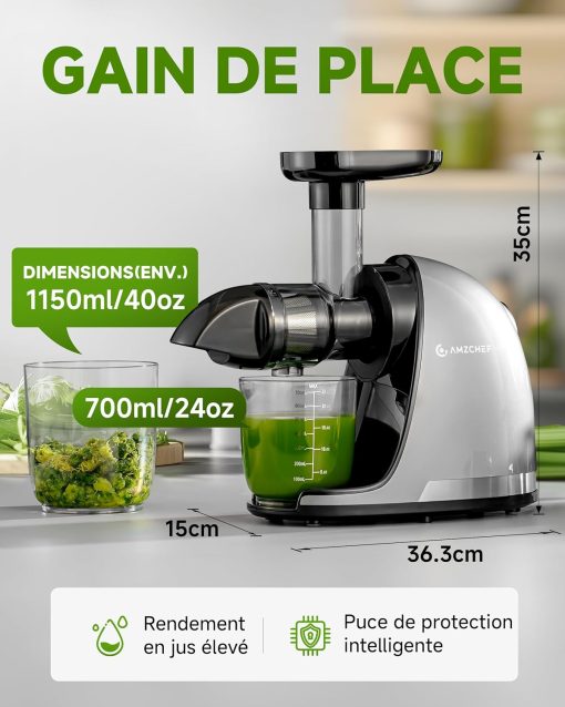 AMZCHEF Extracteur Jus - Extracteur de Jus de Fruits et Légumes - Presses-agrumes à Froid sans BPA avec 2 Tasses et Brosse - Fonction de Mastication Inversée pour éviter les Blocages - Argent - Image 36