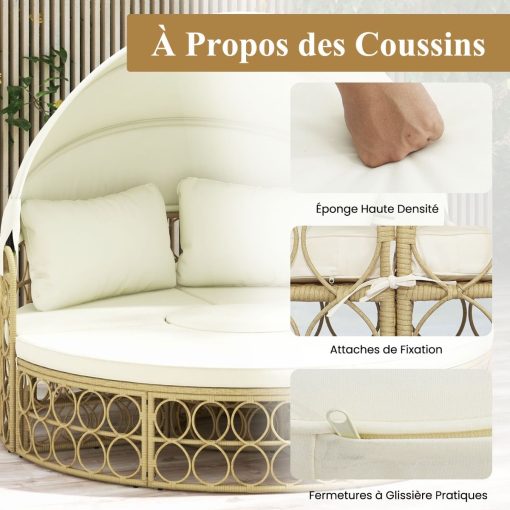 Lit de Repos Rond pour Patio avec Auvent Rétractable Ensemble de Siège Sectionnels Séparés en Rotin PE avec Coussins Doux Blanc - Image 7