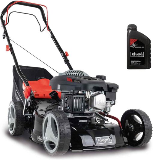 Scheppach Tondeuse à Gazon Thermique MS150-42 | Autotractée - 3,7 CV | Largeur de Coupe 42cm | Raccord Rapide de Nettoyage | Panier 45L | Hauteur - 7 Niveaux | Lame supp. + Huile Incluse