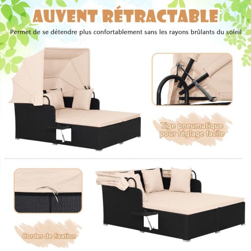 Chaise Longue à 2 Places en Rotin avec Auvent Rétractable Bain de Soleil avec Panneaux Latéraux Pliables Charge 360KG Beige/Gris - Image 6