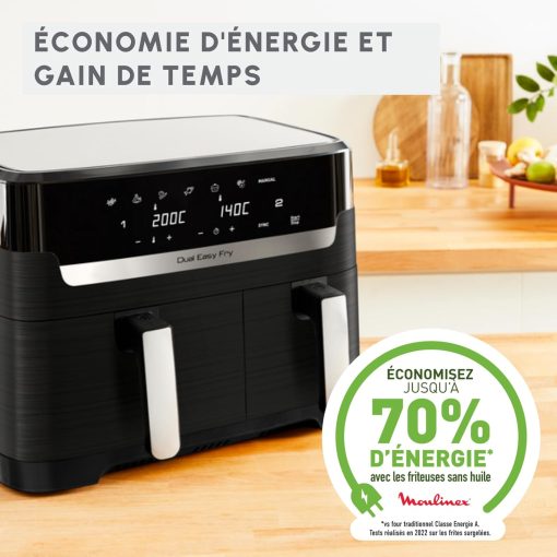 Moulinex air fryer two compartments, large capacity 8.3L, 8 people, 7 automatic programs, oil-free fryer, digital touch screen, Dual essential stainless steel, EZ901820, Black - Image 12