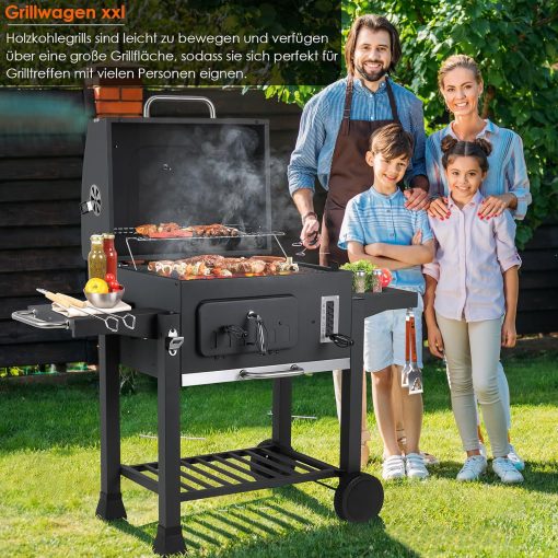 Barbecue Charbon de Bois XL, Chariot à Barbecue, Grill XL à Charbon avec Couvercle, Roues et Thermomètre, Réglable en Hauteur, Grand Barbecue au Charbon de Bois, pour Camping et Jardin, Noir - Image 35