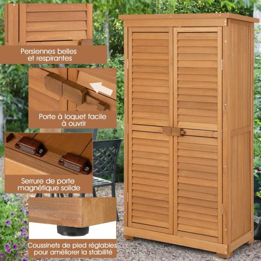 Abri de Jardin En Bois 160 Cm Toit en Asphalte 2 Portes Verrouillables avec Loquet Armoire Cabane en Sapin Pré-Huilé Imperméable 3 étagères Amovibles Naturel - Image 6