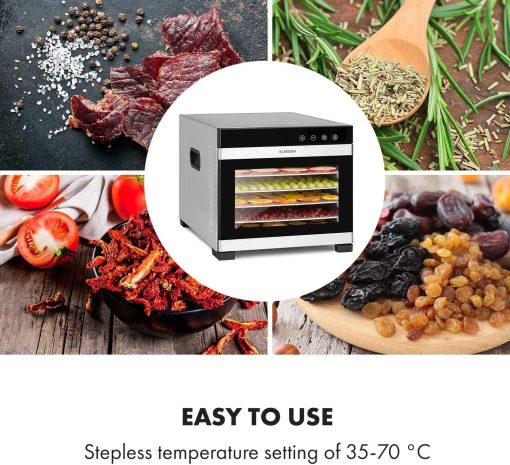 Klarstein Flavour Dry Dehydrator, 6 Trays for Drying Food, Adjustable Temperature from 35 to 75 °C, Even Heat Distribution, LCD Touch Screen, Timer 30 Minutes – 24 Hours, Black - Image 7