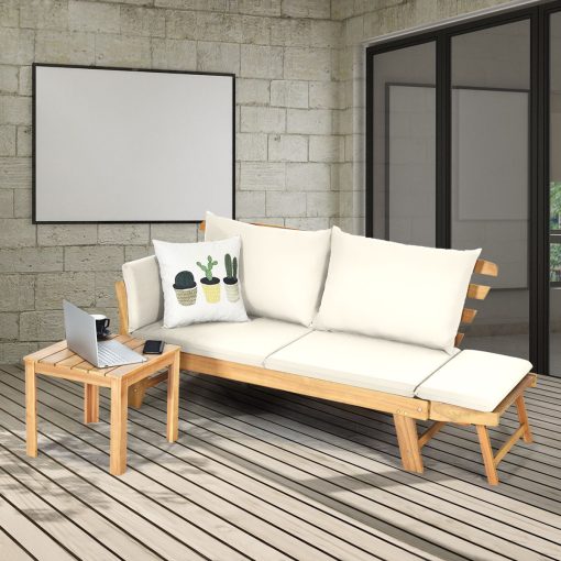 Chaise Longue Convertible avec Coussin Canapé de Jardin 2 en 1 en Bois d’Acacia avec Accoudoir Réglable pour Patio Piscine Jardin Blanc/Gris/Bleu/Rouge - Image 7