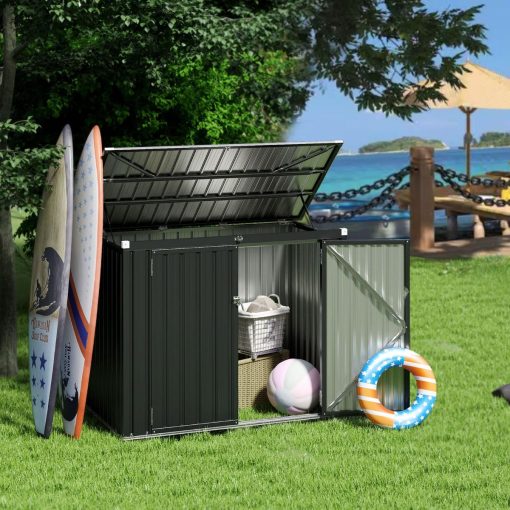 Abri de Stockage en Métal Galvanisé pour Poubelles Extérieur Abri de Jardin Verrouillable avec Toit Ouvert 2 Portes 172X95,5X130CM Gris - Image 2
