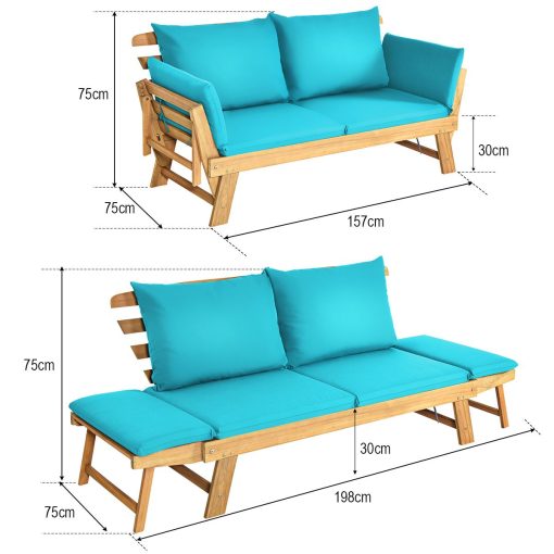 Chaise Longue Convertible avec Coussin Canapé de Jardin 2 en 1 en Bois d’Acacia avec Accoudoir Réglable pour Patio Piscine Jardin Blanc/Gris/Bleu/Rouge - Image 25