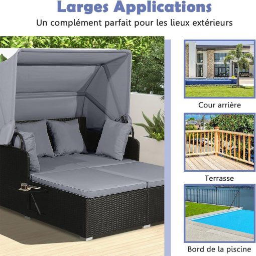 Chaise Longue à 2 Places en Rotin avec Auvent Rétractable Bain de Soleil avec Panneaux Latéraux Pliables Charge 360KG Beige/Gris - Image 17