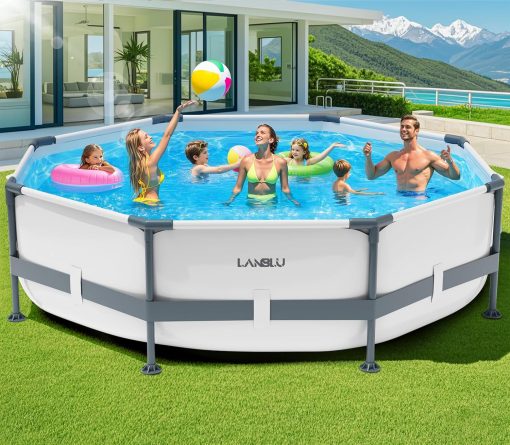 LanBlu Piscine Tubulaire Ronde 300 x 300 x 76cm, Piscine Hors Sol Ronde avec Matériau Anti-Crevaison, Grande Piscines Steel Frame Adulte Vidange Rapide, Piscines Tubulaire Jardin pour Toute la Famille