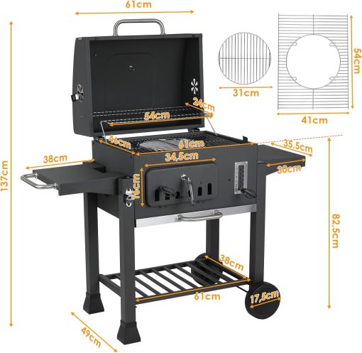 Barbecue Charbon de Bois XL, Chariot à Barbecue, Grill XL à Charbon avec Couvercle, Roues et Thermomètre, Réglable en Hauteur, Grand Barbecue au Charbon de Bois, pour Camping et Jardin, Noir - Image 36