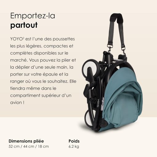 Poussette BABYZEN YOYO2 6+ (Cadre noir + pack couleur Aqua) - Comprend un harnais, un dossier, des arceaux de capote, une bandoulière, un coussin d’assise, et une capote assortie - Image 22