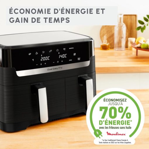 Moulinex air fryer two compartments, large capacity 8.3L, 8 people, 7 automatic programs, oil-free fryer, digital touch screen, Dual essential stainless steel, EZ901820, Black - Image 38