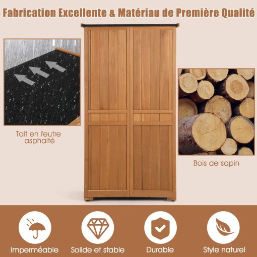 Abri de Jardin En Bois 160 Cm Toit en Asphalte 2 Portes Verrouillables avec Loquet Armoire Cabane en Sapin Pré-Huilé Imperméable 3 étagères Amovibles Naturel - Image 7