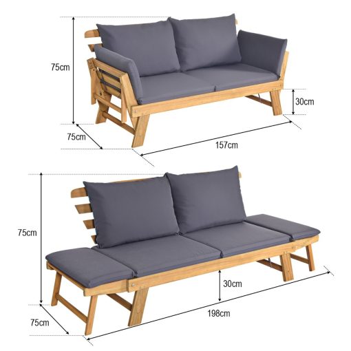 Chaise Longue Convertible avec Coussin Canapé de Jardin 2 en 1 en Bois d’Acacia avec Accoudoir Réglable pour Patio Piscine Jardin Blanc/Gris/Bleu/Rouge - Image 34