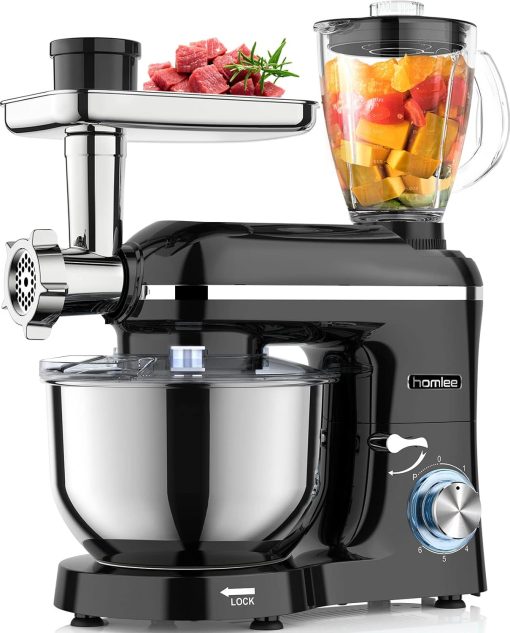 Homlee 3 en 1 Robot Patissier,1800W Robot Cuisine Multifonctions,avec Hachoir à viande,1,5 L Extracteur de jus,Kit pour Saucisses,3 Plaques de Broyage,5.5L Bol d'Acier Inoxydable (Argent) - Image 2