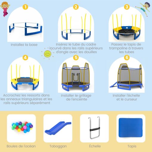Trampoline Extérieur ? 223cm avec Toboggan&Echelle avec Filet de Sécurité 2 Portes en U Charge 270kg pour 2-3 Enfants de 3 Ans+ Bleu/Vert - Image 9
