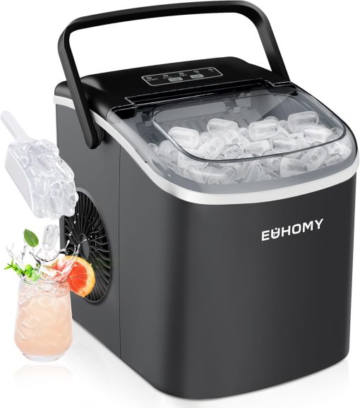 Ice Maker, EUHOMY Ice Maker, 12 kg in 24 Hours, 9 Ice Cubes in 8 Minutes, Black, Performance Ice Maker with Carry Handle, Spoon, for Home/Kitchen/Camping