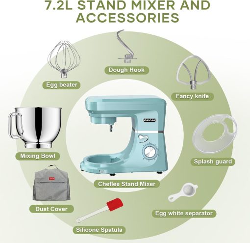 CHeflee 1800W Professional Kitchen Mixer 7.2 Litres Low Noise Multifunctional Kitchen Robot with Whisk, Beater, Hook, Stainless Steel Bowl, 6 Speeds - Image 17