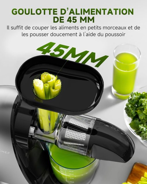 AMZCHEF Extracteur Jus - Extracteur de Jus de Fruits et Légumes - Presses-agrumes à Froid sans BPA avec 2 Tasses et Brosse - Fonction de Mastication Inversée pour éviter les Blocages - Argent - Image 35