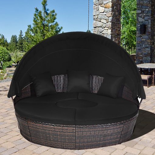 Lit de Jardin Rond d'Exterieur Table Relevable Modulable & Convertible - Pare Soleil Réglable rotin PE Coussins Inclus  Noir - Image 3