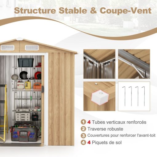 Abri de Jardin 2.3㎡ en Acier Galvanisé Anti-UV 196x142x186cm Cabane de Jardin Exterieur 3.7m3 avec Porte Coulissante Rampe Naturel - Image 7