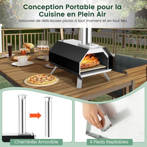Four à Pizza Extérieur en Acier Inoxydable avec Pierre à Pizza de 30,5cm Four à Bois pour Pizza avec Pelle Pare-feu Pieds Pliables - Image 9