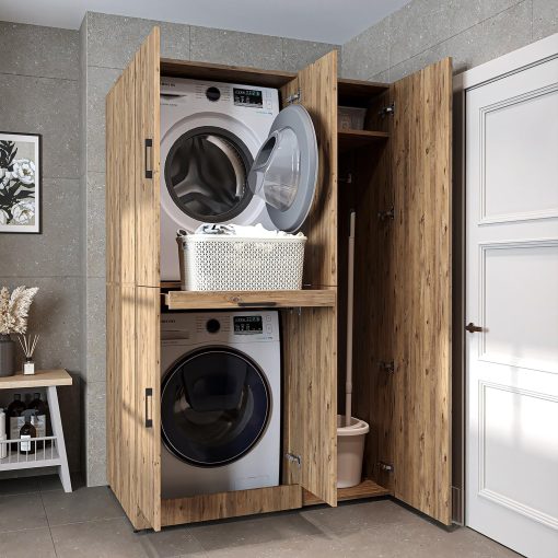 ROOMART Dora - Armoire de machine à laver - Pour sèche-linge et machine à laver - En 4 couleurs - Avec portes et panneau coulissant - Blanc - Chêne blanc - Chêne anthracite - Chêne blanc (chêne blanc) - Image 7