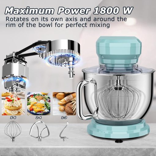 CHeflee 1800W Professional Kitchen Mixer 7.2 Litres Low Noise Multifunctional Kitchen Robot with Whisk, Beater, Hook, Stainless Steel Bowl, 6 Speeds - Image 14