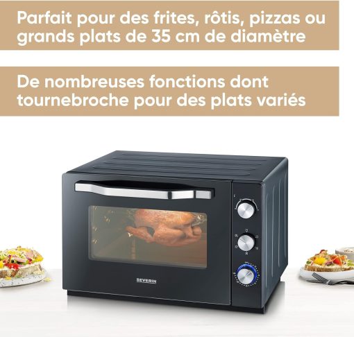 SEVERIN Mini-Four à chaleur tournante 42 L avec pierre à pizza et tournebroche, Four posable 1 800 W design élégant, électrique avec minuteur 120 min, Noir/Inox, TO 2058 - Image 2