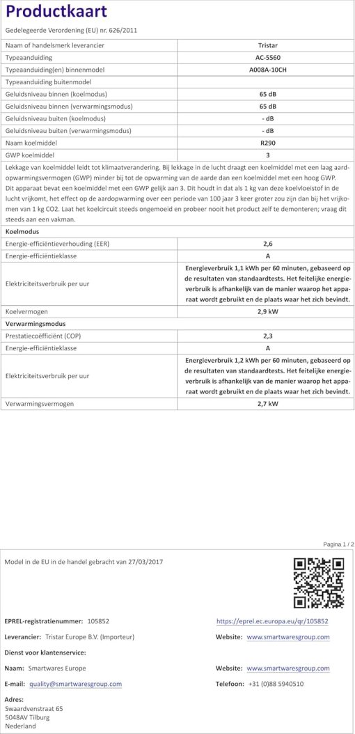 Climatiseur mobile Tristar AC-5560, 10 000 BTU et 2,9kw, fonctions refroidissement, déshumidification, ventilation et chauffage - Image 23