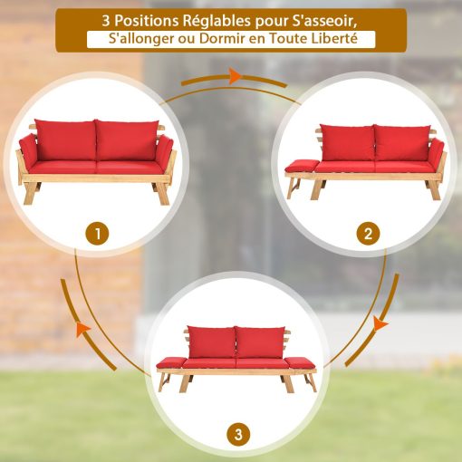 Chaise Longue Convertible avec Coussin Canapé de Jardin 2 en 1 en Bois d’Acacia avec Accoudoir Réglable pour Patio Piscine Jardin Blanc/Gris/Bleu/Rouge - Image 42