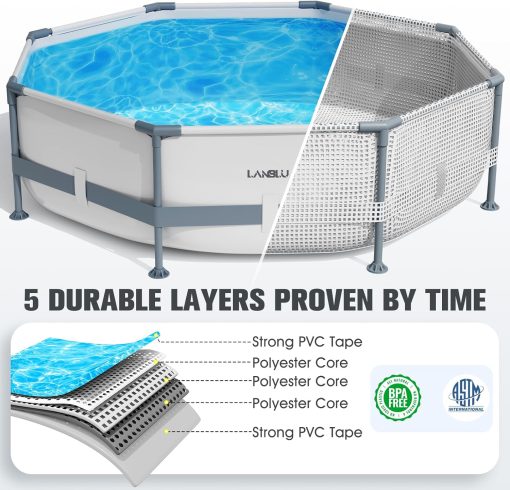 LanBlu Piscine Tubulaire Ronde 300 x 300 x 76cm, Piscine Hors Sol Ronde avec Matériau Anti-Crevaison, Grande Piscines Steel Frame Adulte Vidange Rapide, Piscines Tubulaire Jardin pour Toute la Famille - Image 5