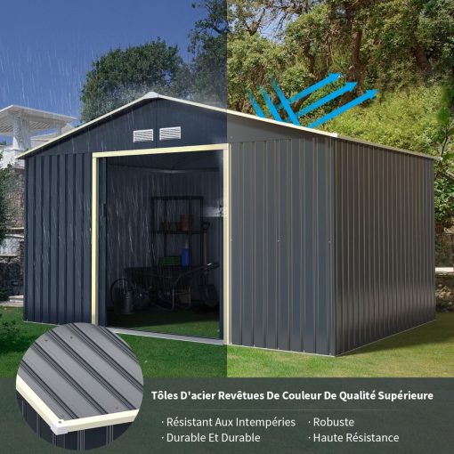 Abri de Jardin en Métal & Extension 10.85㎡ avec 2 Portes Coulissantes Verrouillables 4 Trous d’Aération Gris pour Vélo - Image 12