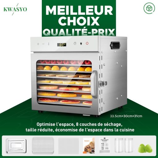 Kwasyo Food Dehydrator Stainless Steel 8 Trays Temperature Regulator 30-90°C 24H Timer Function BPA Free Dehydrator for Fruit, Meat, Vegetables - Image 4