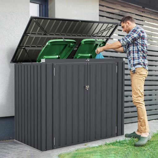 Abri de Stockage en Métal Galvanisé pour Poubelles Extérieur Abri de Jardin Verrouillable avec Toit Ouvert 2 Portes 172X95,5X130CM Gris - Image 3