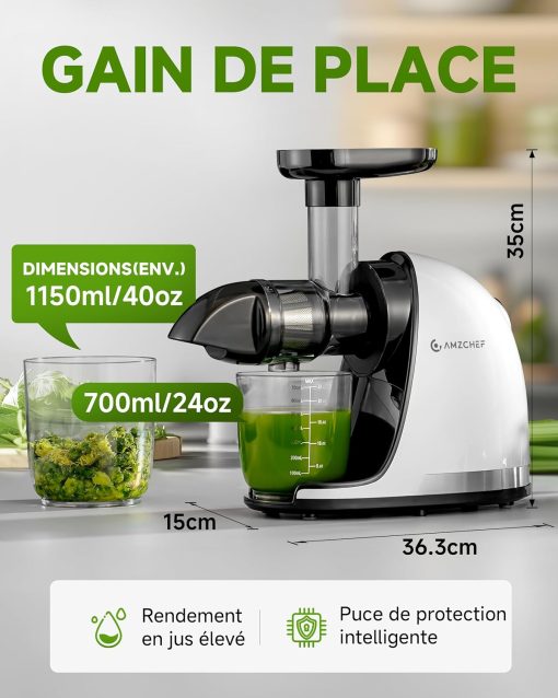 AMZCHEF Extracteur Jus - Extracteur de Jus de Fruits et Légumes - Presses-agrumes à Froid sans BPA avec 2 Tasses et Brosse - Fonction de Mastication Inversée pour éviter les Blocages - Argent - Image 8