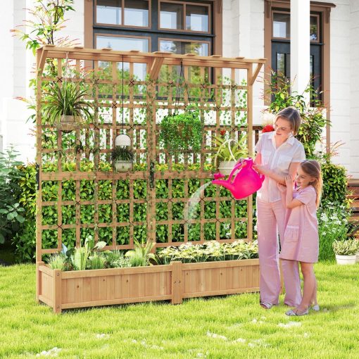 Jardinière avec 2 Treillis 2 Bacs Toit Suspendu en Bois Lit de Jardin Surélevé avec 4 Trous de Drainage 180 x 48 x 183 cm Orange - Image 2