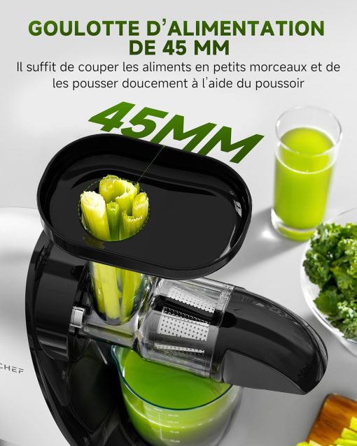 AMZCHEF Extracteur Jus - Extracteur de Jus de Fruits et Légumes - Presses-agrumes à Froid sans BPA avec 2 Tasses et Brosse - Fonction de Mastication Inversée pour éviter les Blocages - Argent - Image 5