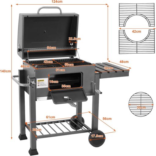 Barbecue Charbon de Bois XL, Chariot à Barbecue, Grill XL à Charbon avec Couvercle, Roues et Thermomètre, Réglable en Hauteur, Grand Barbecue au Charbon de Bois, pour Camping et Jardin, Noir - Image 18