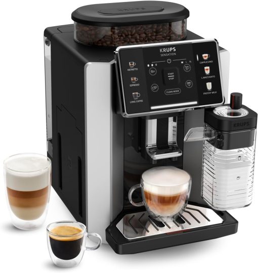 Krups Sensation C50, Machine à café grains, machine expresso, 5 boissons accès direct, Interface tactile, Facile à utiliser, Nettoyage automatique, Buse vapeur Cappuccino, Fabriqué en France EA910810