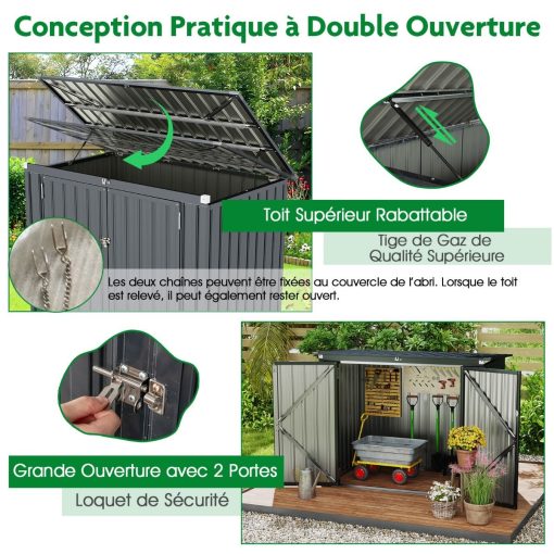 Abri de Stockage en Métal Galvanisé pour Poubelles Extérieur Abri de Jardin Verrouillable avec Toit Ouvert 2 Portes 172X95,5X130CM Gris - Image 6