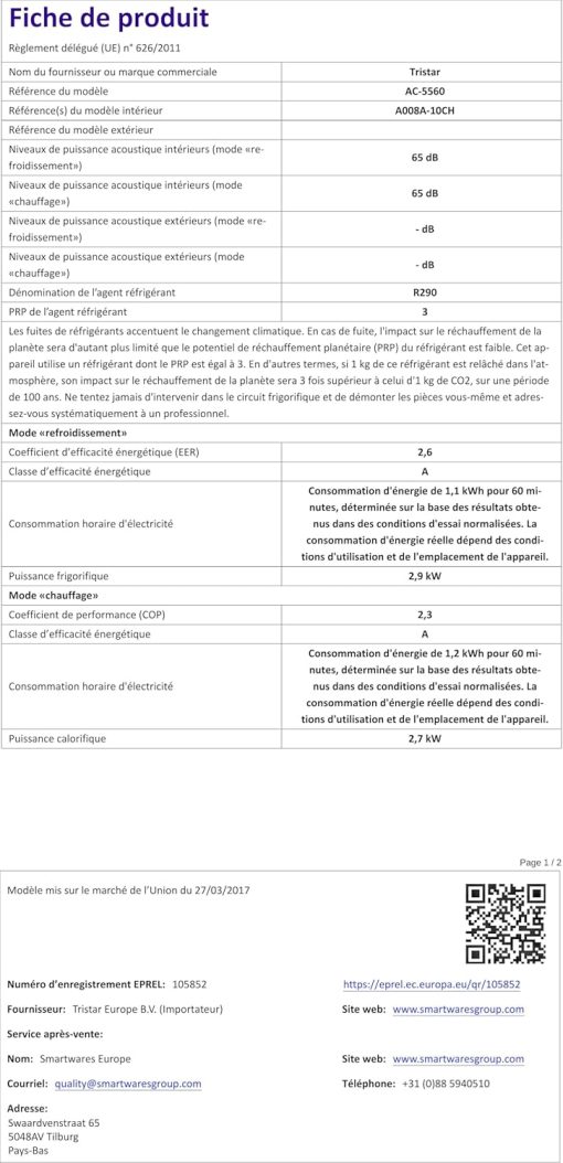Climatiseur mobile Tristar AC-5560, 10 000 BTU et 2,9kw, fonctions refroidissement, déshumidification, ventilation et chauffage - Image 22