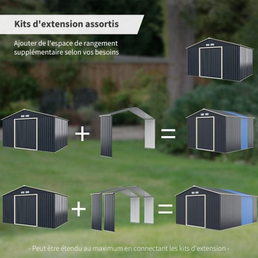 Abri de Jardin en Métal & Extension 10.85㎡ avec 2 Portes Coulissantes Verrouillables 4 Trous d’Aération Gris pour Vélo - Image 8
